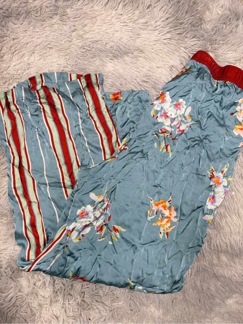 Anthropologie Lyrebird Mixed Print Wide Leg Pants Large Floral Stripe Boho Satin